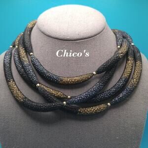 Chico's Gold Black Glass Seed Bead Long Mesh Necklace, 40 Inches, Two Strands